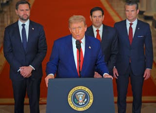 US President Donald Trump addresses the nation, alongside US Vice President JD Vance (L), US Secretary of State Marco Rubio (2nd R) and US Secretary of Defense Pete Hegseth (R), from the White House in Washington, DC on June 21, 2025